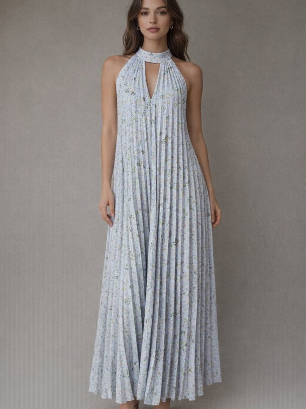 CeCe Light Blue Floral Pleated Halter Maxi Dress